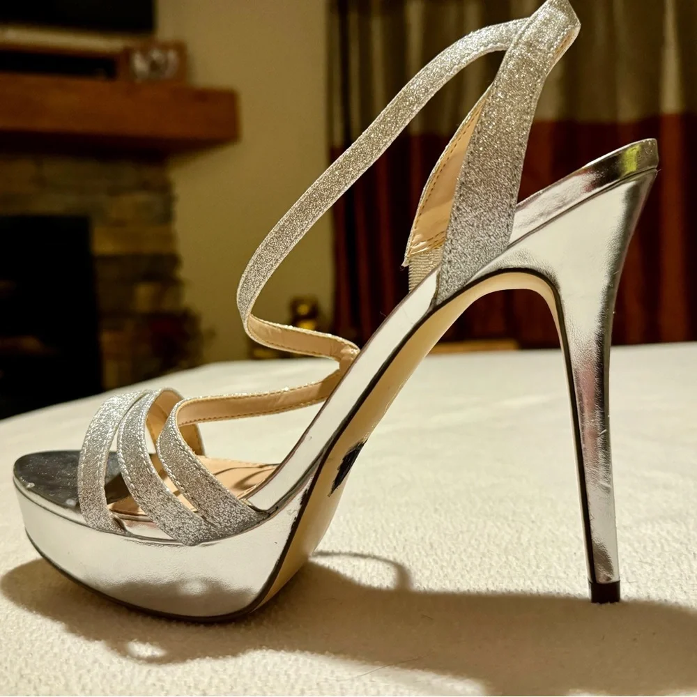 (9.5) Nina Wrapping Silver Glitter Strap 5” Platform Stiletto Sandals